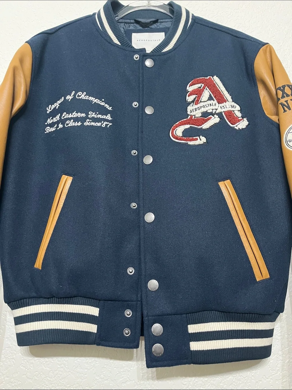 Aeropostale Men’s XS Varsity Jacket With Navy Blue Wool and Tan Leather Sleeves